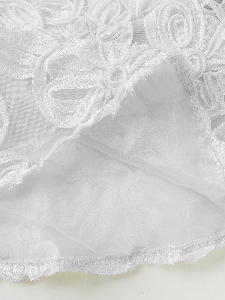 Olithes Elegant White Floral Summer Date Strapless Cinched Waist Ruffle Hem Side Slit Mesh Embroidered 3D Flowers Corset Peplum Top Blouse For Women - White - View 8