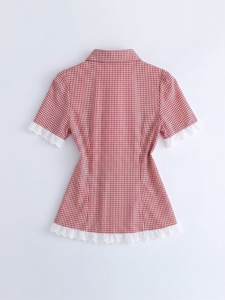 SHEIN Women's Spring/Summer Red And White Plaid Contrast Lace Fitted Casual Cottage Core Cute/Work Picnic/Party/Oktoberfest Short Sleeve Blouse - Red - View 4