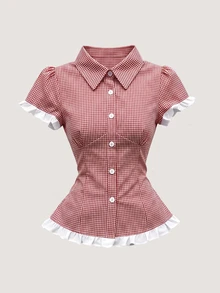 SHEIN 女士春夏新款蓝色格子撞色蕾丝修身休闲/工作/派对/度假短袖衬衫 - 紅色 - 查看 1