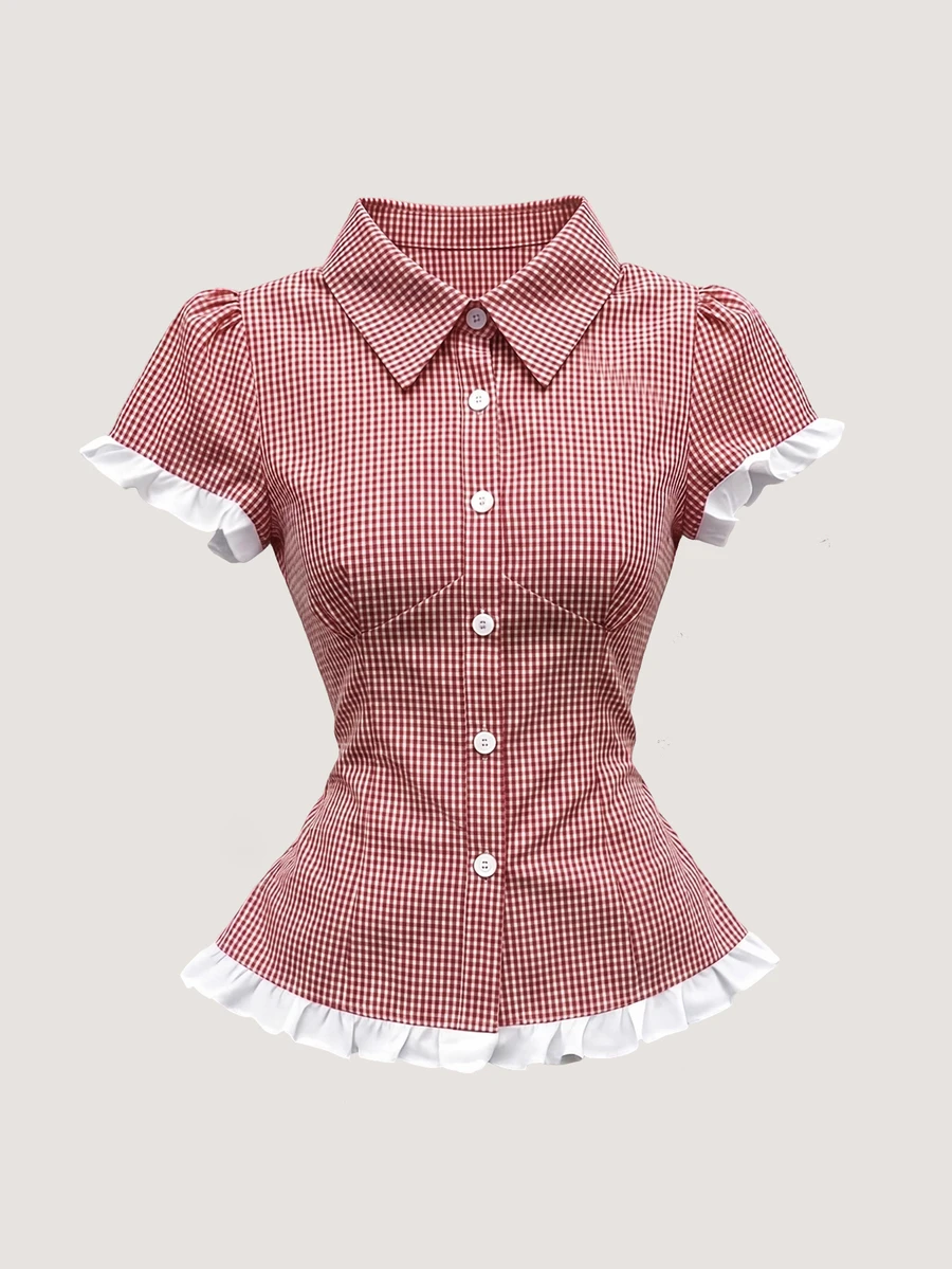 SHEIN 女士春夏新款蓝色格子撞色蕾丝修身休闲/工作/派对/度假短袖衬衫 - 紅色 - 查看 1