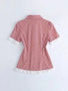SHEIN 女士春夏新款蓝色格子撞色蕾丝修身休闲/工作/派对/度假短袖衬衫 - 紅色 - 查看 10