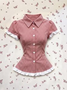 SHEIN 女士春夏新款蓝色格子撞色蕾丝修身休闲/工作/派对/度假短袖衬衫 - 紅色 - 查看 7