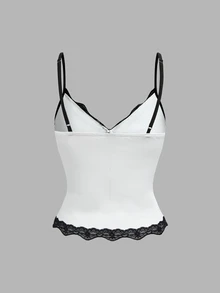 Olithes Women's Lace Patchwork Bow Decor Casual Sexy Versatile Daily Wear Camisole Golf White Summer - Black and White - View 2