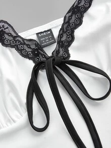 Olithes Women's Lace Patchwork Bow Decor Casual Sexy Versatile Daily Wear Camisole Golf White Summer - Black and White - View 8
