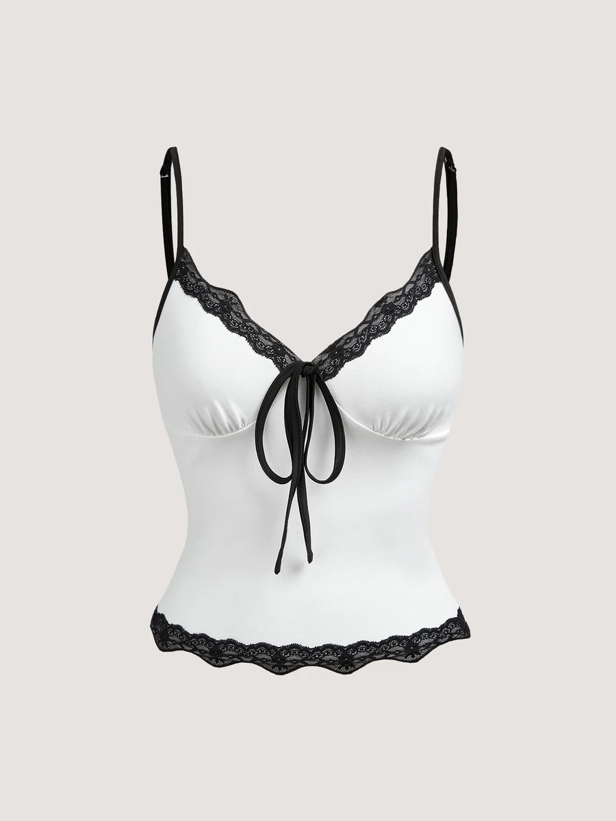 Olithes Women's Lace Patchwork Bow Decor Casual Sexy Versatile Daily Wear Camisole Golf White Summer - Black and White - View 1