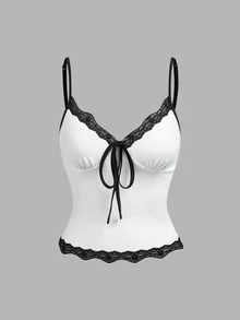 Olithes Women's Lace Patchwork Bow Decor Casual Sexy Versatile Daily Wear Camisole Golf White Summer - Black and White - View 6