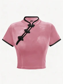 Olithes Women's Pink And Black Autumn Classy Tea Party Velour T-Shirt,Chinese Style Frog Button Cheongsam Top,Mandarin Collar Ruffle Trim Y2k Fitted Crop Top - Pink - View 13