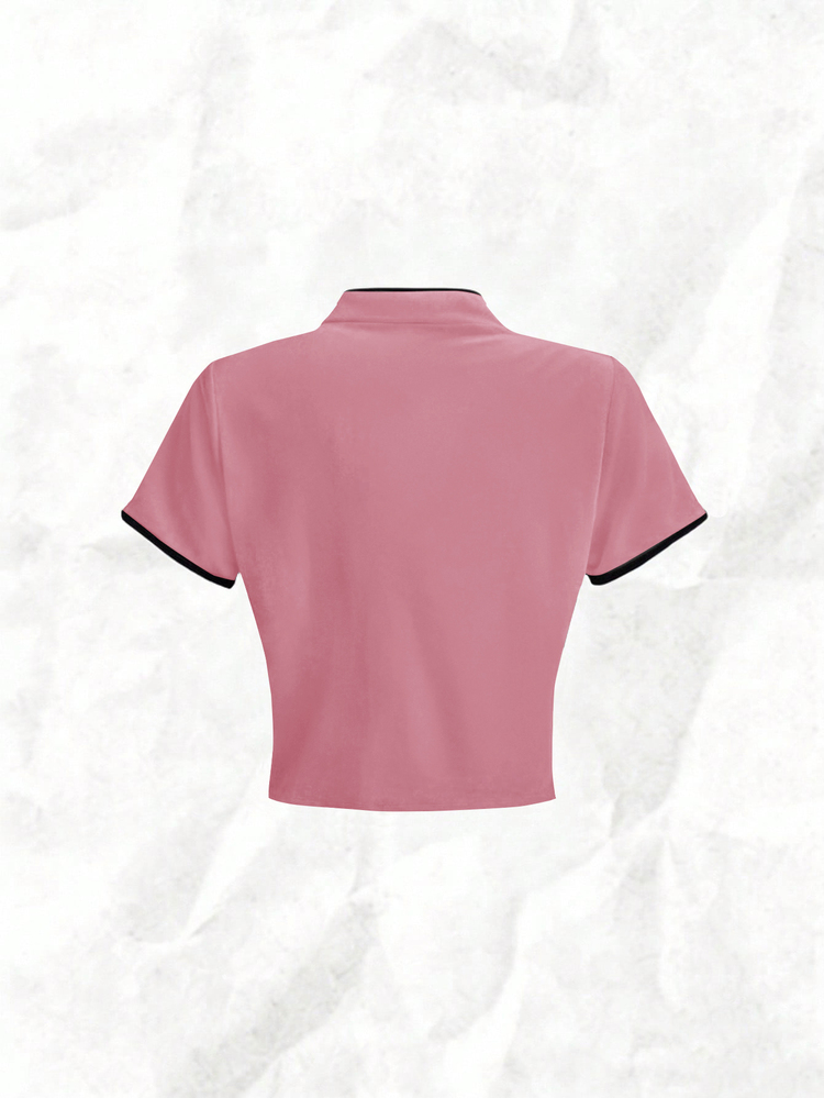 Olithes Women's Pink And Black Autumn Classy Tea Party Velour T-Shirt,Chinese Style Frog Button Cheongsam Top,Mandarin Collar Ruffle Trim Y2k Fitted Crop Top - Pink - View 9