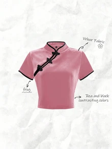 Olithes Women's Pink And Black Autumn Classy Tea Party Velour T-Shirt,Chinese Style Frog Button Cheongsam Top,Mandarin Collar Ruffle Trim Y2k Fitted Crop Top - Pink - View 8