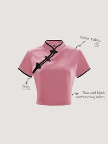 Olithes Women's Pink And Black Autumn Classy Tea Party Velour T-Shirt,Chinese Style Frog Button Cheongsam Top,Mandarin Collar Ruffle Trim Y2k Fitted Crop Top - Pink - View 1