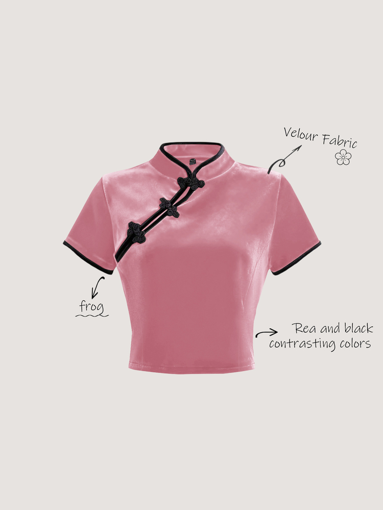 Olithes Women's Pink And Black Autumn Classy Tea Party Velour T-Shirt,Chinese Style Frog Button Cheongsam Top,Mandarin Collar Ruffle Trim Y2k Fitted Crop Top - Pink - View 1