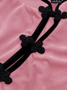 Olithes Women's Pink And Black Autumn Classy Tea Party Velour T-Shirt,Chinese Style Frog Button Cheongsam Top,Mandarin Collar Ruffle Trim Y2k Fitted Crop Top - Pink - View 12