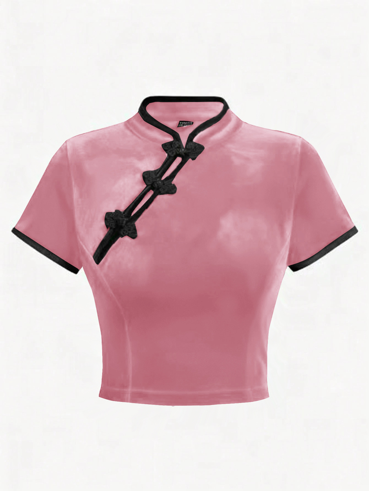 Olithes Women's Pink And Black Autumn Classy Tea Party Velour T-Shirt,Chinese Style Frog Button Cheongsam Top,Mandarin Collar Ruffle Trim Y2k Fitted Crop Top - Pink - View 6