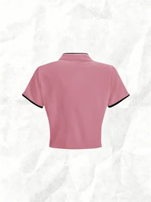 Olithes Women's Pink And Black Autumn Classy Tea Party Velour T-Shirt,Chinese Style Frog Button Cheongsam Top,Mandarin Collar Ruffle Trim Y2k Fitted Crop Top - Pink - View 2