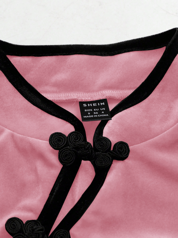 Olithes Women's Pink And Black Autumn Classy Tea Party Velour T-Shirt,Chinese Style Frog Button Cheongsam Top,Mandarin Collar Ruffle Trim Y2k Fitted Crop Top - Pink - View 4