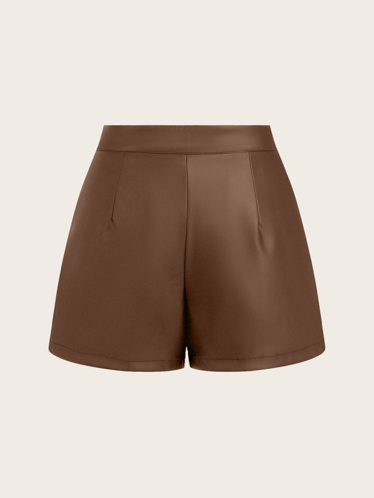 SHEIN LUNE Women's Asymmetric High Waist PU Leather Shorts,Minimalist Espresso Brown Elegant Solid Color Shorts For Summer,Casual Night Out - Coffee Brown - View 3