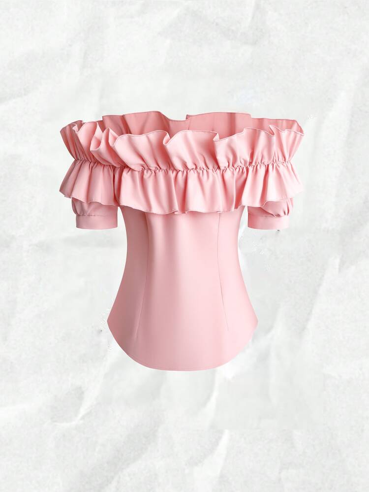 Olithes 1pc Pink Ruffle Trim Off Shoulder Top, Summer Elegant Sweet Dates Asymmetric Hem Solid Color Button Front Strapless Blouse, Waist Cinching Ruffle Trim - Baby Pink - View 8
