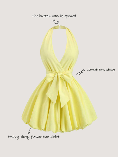 Olithes Women's Romantic Sweet Vacation Halter Backless Tie Waist Casual Yellow Floral Mini Dress Yellow Halter Dress Yellow Short Dress