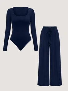 Olithes Set de 2 piezas: Top con bajo asimétrico y pantalones de unicolor - Azul Marino - Ver 1