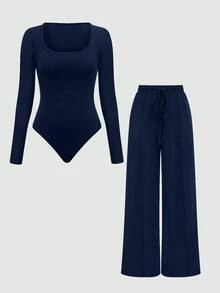 Olithes Set de 2 piezas: Top con bajo asimétrico y pantalones de unicolor - Azul Marino - Ver 9