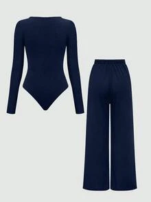 Olithes Set de 2 piezas: Top con bajo asimétrico y pantalones de unicolor - Azul Marino - Ver 10