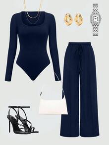 Olithes Set de 2 piezas: Top con bajo asimétrico y pantalones de unicolor - Azul Marino - Ver 4