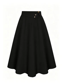 SHEIN A-Line High Waist Button Decor Elastic Waist Flared Skirt For Women, Versatile, Casual, Spring & Autumn, Pure Apricot Color, Woven Fabric - Black - View 4