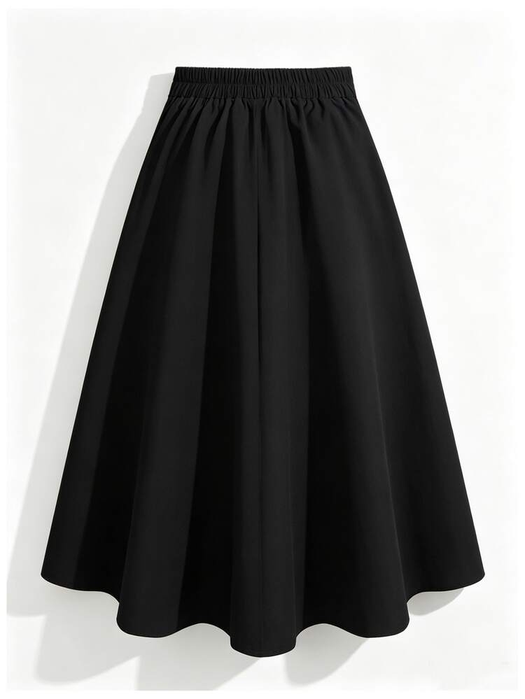 SHEIN Falda campana con cintura alta, decorada con botones, cintura elástica, para mujer. Versátil, casual, para primavera y otoño, color melocotón puro, tejido - Negro - Añade 2