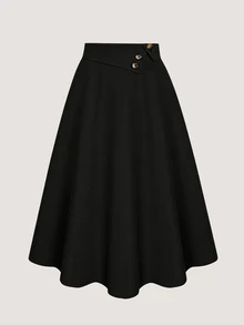 SHEIN A-Line High Waist Button Decor Elastic Waist Flared Skirt For Women, Versatile, Casual, Spring & Autumn, Pure Apricot Color, Woven Fabric - Black - View 1