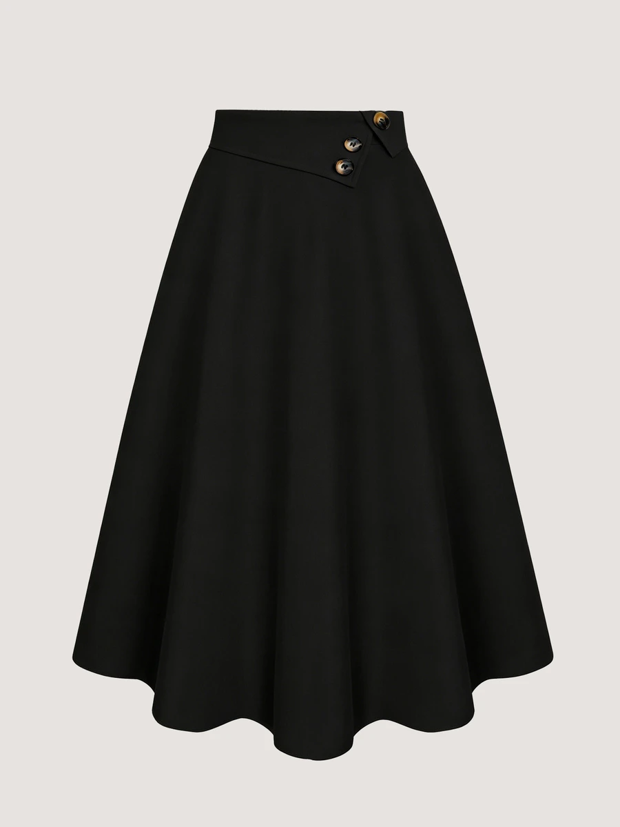 SHEIN A-Line High Waist Button Decor Elastic Waist Flared Skirt For Women, Versatile, Casual, Spring & Autumn, Pure Apricot Color, Woven Fabric - Black - View 1