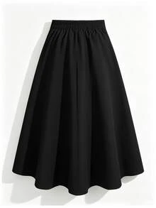 SHEIN A-Line High Waist Button Decor Elastic Waist Flared Skirt For Women, Versatile, Casual, Spring & Autumn, Pure Apricot Color, Woven Fabric - Black - View 5