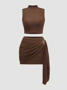 SHEIN Sexy Stand Collar Tank Top & Bodycon Mini Skirt 2 Pieces Set - Coffee Brown - View 12