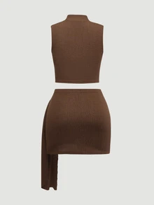 SHEIN Sexy Stand Collar Tank Top & Bodycon Mini Skirt 2 Pieces Set - Coffee Brown - View 2