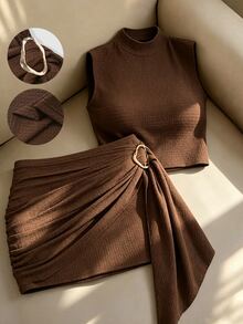 SHEIN Sexy Stand Collar Tank Top & Bodycon Mini Skirt 2 Pieces Set - Coffee Brown - View 9