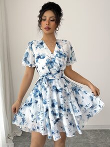 Olithes 女士碎花V领荷叶袖休闲连衣裙 - 藍色 - 查看 14
