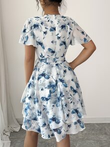 Olithes 女士碎花V领荷叶袖休闲连衣裙 - 藍色 - 查看 10