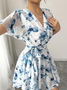 Olithes 女士碎花V领荷叶袖休闲连衣裙 - 藍色 - 查看 4