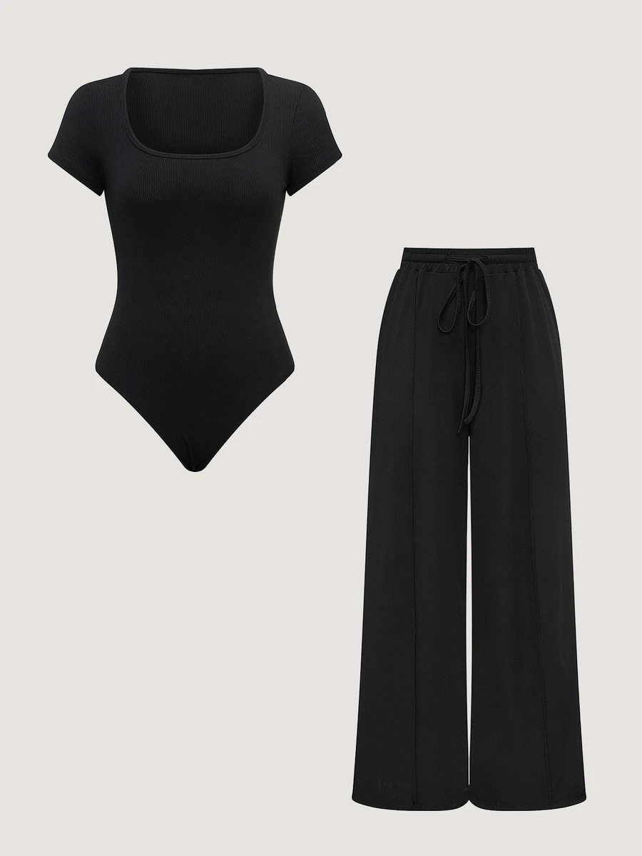 SHEIN Plain Color Asymmetric Hem Top And Pants Two Piece Set - Black - View 1