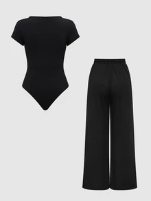 SHEIN Plain Color Asymmetric Hem Top And Pants Two Piece Set - Black - View 10
