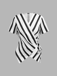 SHEIN 女款黑白條紋無領收腰上衣 - 黑與白 - 查看 6