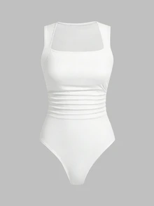 SHEIN 女士白色方领无袖连体衣 - 修身弹力背心连体衣，适合日常休闲和派对穿着 - 白色 - 查看 6
