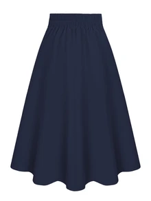 SHEIN Casual Versatile High Waist A-Line Button Decor Elastic Waist Flared Skirt, Woven Twill Fabric, Apricot Color, For Women, Spring/Autumn - Navy Blue - View 2