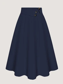 SHEIN Casual Versatile High Waist A-Line Button Decor Elastic Waist Flared Skirt, Woven Twill Fabric, Apricot Color, For Women, Spring/Autumn - Navy Blue - View 1