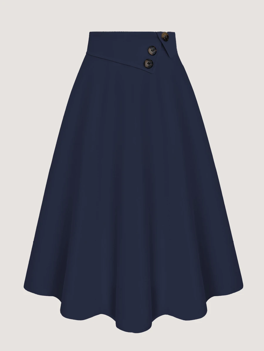 SHEIN Casual Versatile High Waist A-Line Button Decor Elastic Waist Flared Skirt, Woven Twill Fabric, Apricot Color, For Women, Spring/Autumn - Navy Blue - View 1