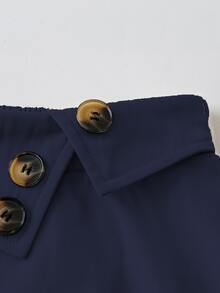 SHEIN Casual Versatile High Waist A-Line Button Decor Elastic Waist Flared Skirt, Woven Twill Fabric, Apricot Color, For Women, Spring/Autumn - Navy Blue - View 3