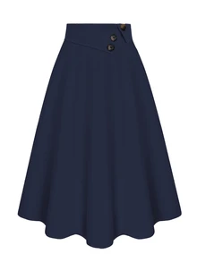 SHEIN Casual Versatile High Waist A-Line Button Decor Elastic Waist Flared Skirt, Woven Twill Fabric, Apricot Color, For Women, Spring/Autumn - Navy Blue - View 6