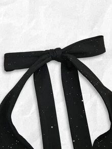 Olithes 女士春夏新款黑色亮面面料吊带系腰双层荷叶边下摆休闲日常连衣裙，适合外出、工作、约会、派对、聚会、下午茶等场合。 - 黑色 - 查看 3