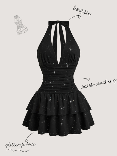Olithes Black Halter Neck Lace Up Glitter Fabric A Line Short Dress With Layered Tiered Hem For Women Party Night Out Summer Sexy