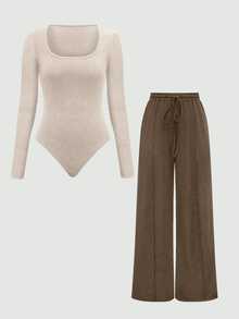 SHEIN 2pcs/Set Solid Color Long Sleeve Bodysuit And Drawstring Pants, For Autumn Fall Cloth For Women - Apricot - View 8