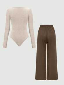 SHEIN 2pcs/Set Solid Color Long Sleeve Bodysuit And Drawstring Pants, For Autumn Fall Cloth For Women - Apricot - View 9